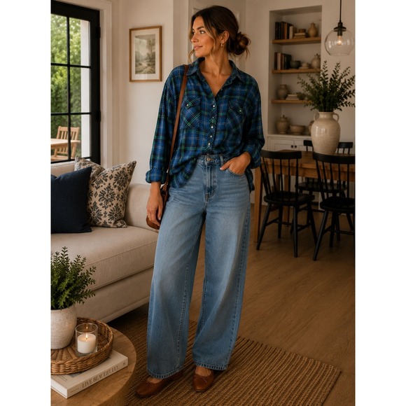 Wrangler Wrancher Tops - Wrangler Wrancher Women Blue Green Plaid Western Snap Long Sleeve Shirt L